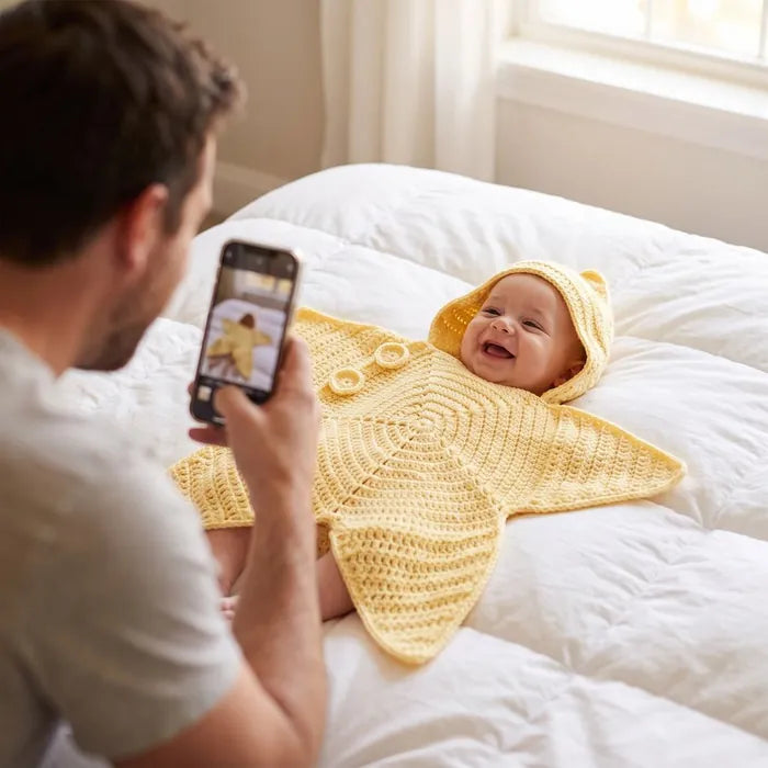 Father photographing his baby in a yellow star suit