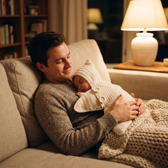 Father cuddling his baby in a cream star suit