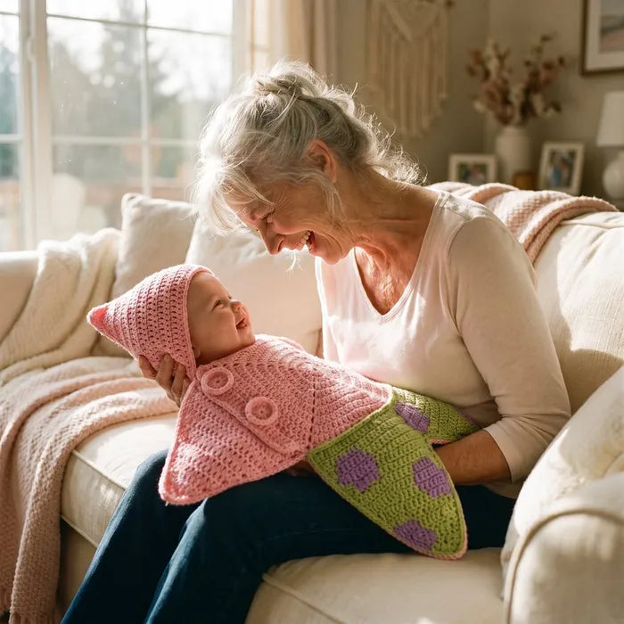 Grandmother holding her grandchild in a starfish star suit