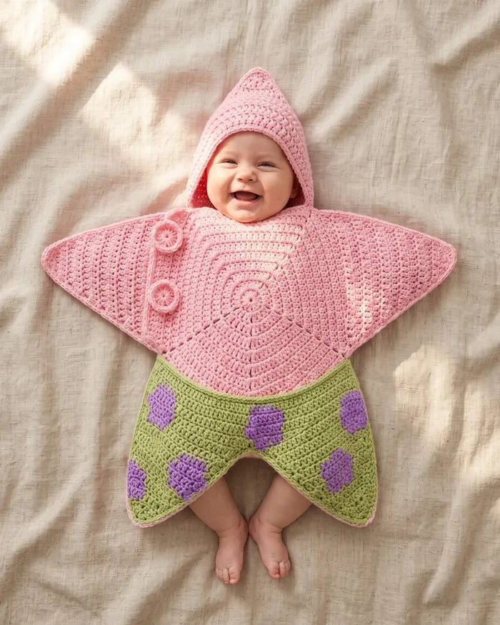 Baby in a pink and lime starfish star suit