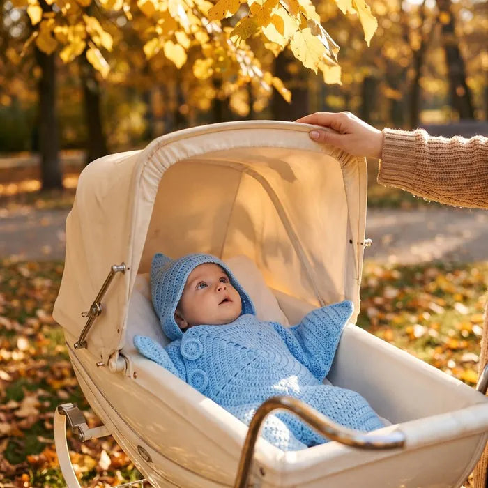 Baby in a blue star suit in a pram on an autumn walk