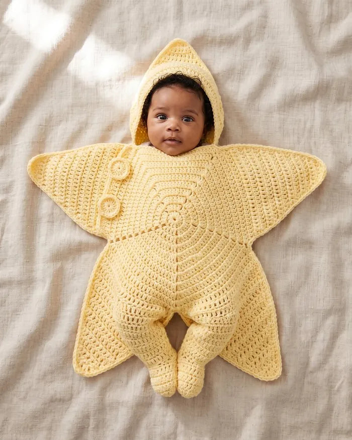 Baby in a butter yellow star suit
